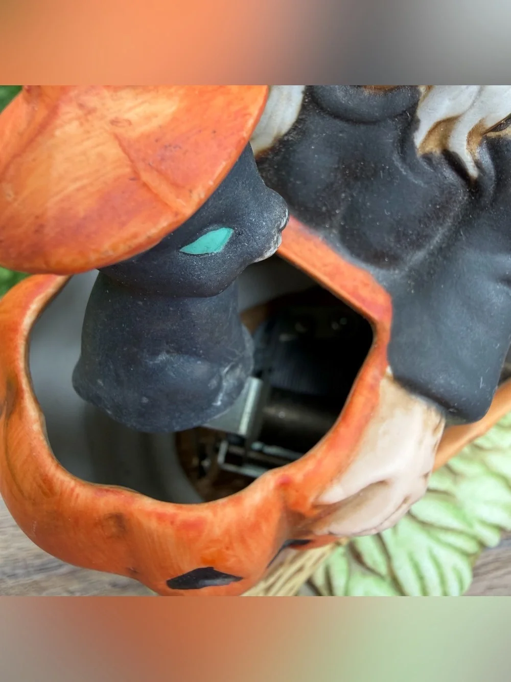 Vintage Ceramic Halloween Witch Jack-O-Lantern Black Cat Music Box Working